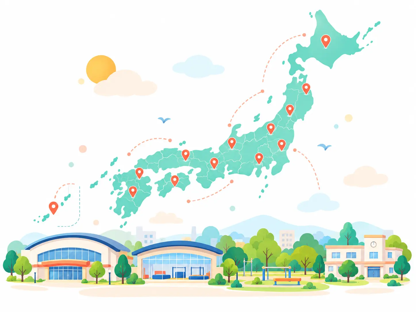 日本地図と、体育館や公園のあるまち並み