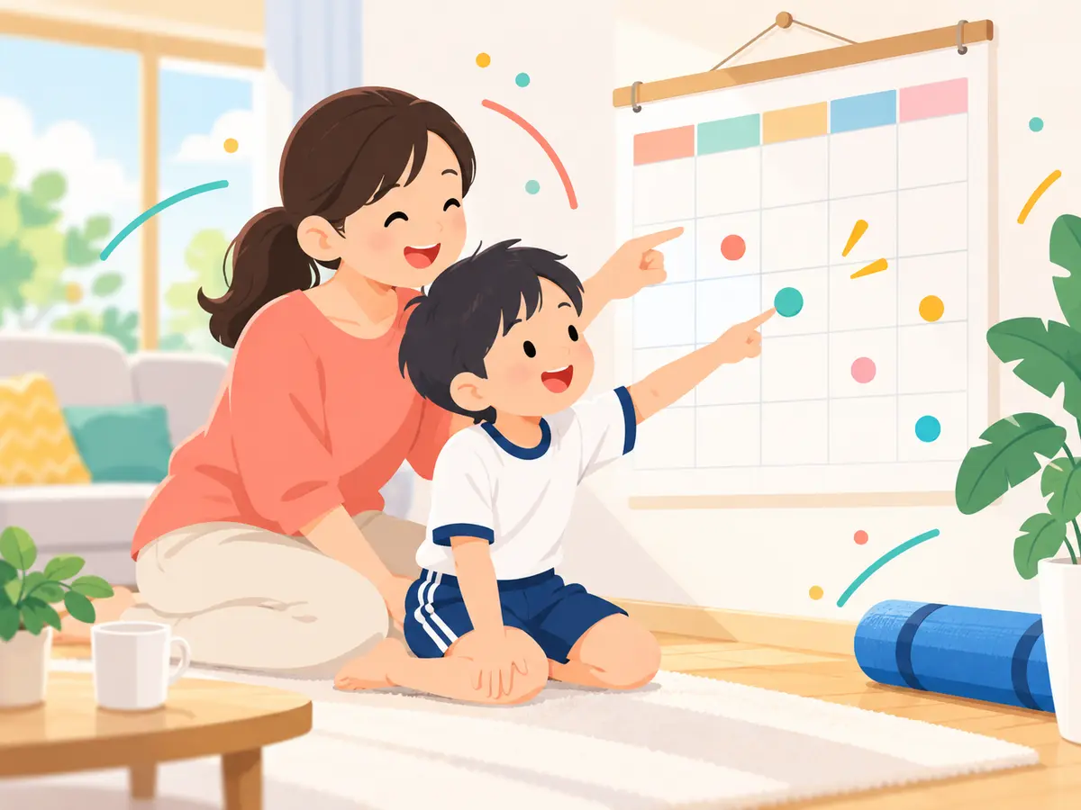 カレンダーを見て曜日を選ぶ親子